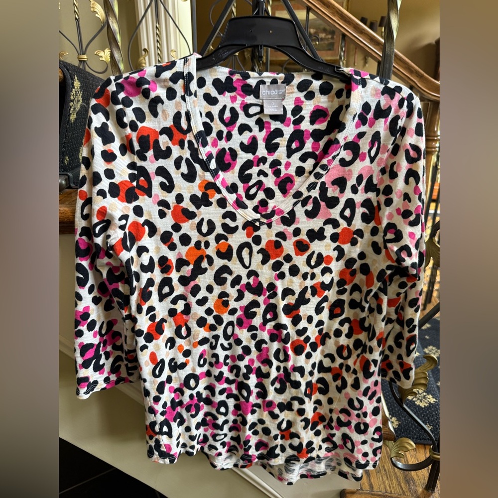 Chico's Women's V-Neck Long Sleeve Leopard Print Top - Pink & Orange